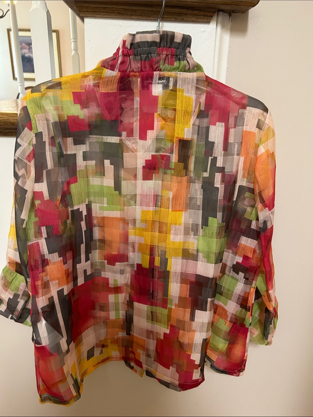 Joseph Ribkoff Size 10 Pixelated Geometric Ruffle-Front Sheer Blouse - Picture 14 of 16